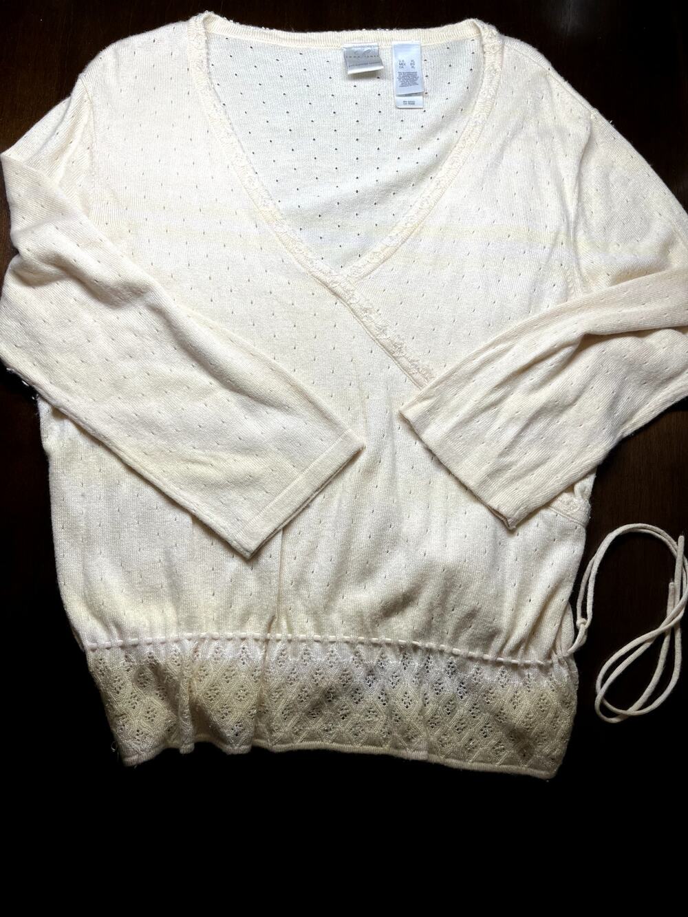 Emma James Ivory Beaded Wrap Sweater XL Romantic Y2K Pointelle Knit